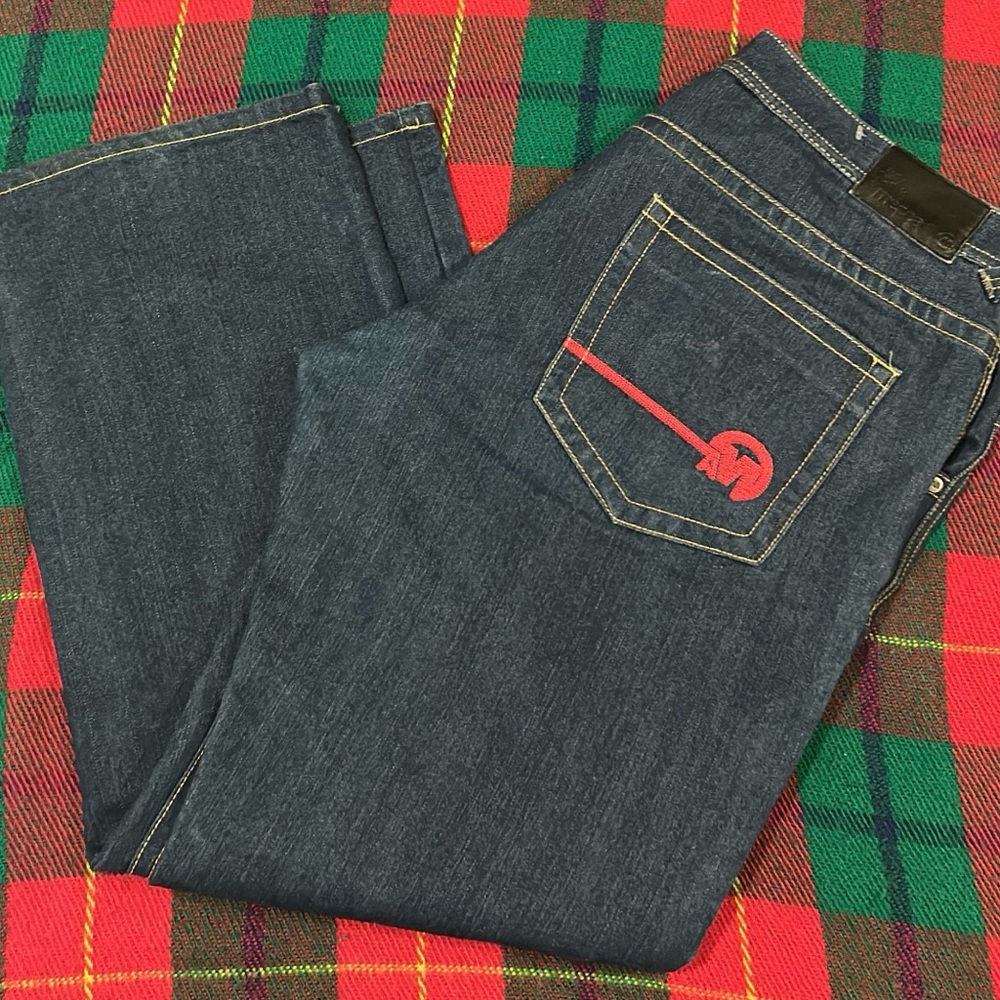 Men's Blue Jeans with Red Pocket Detail